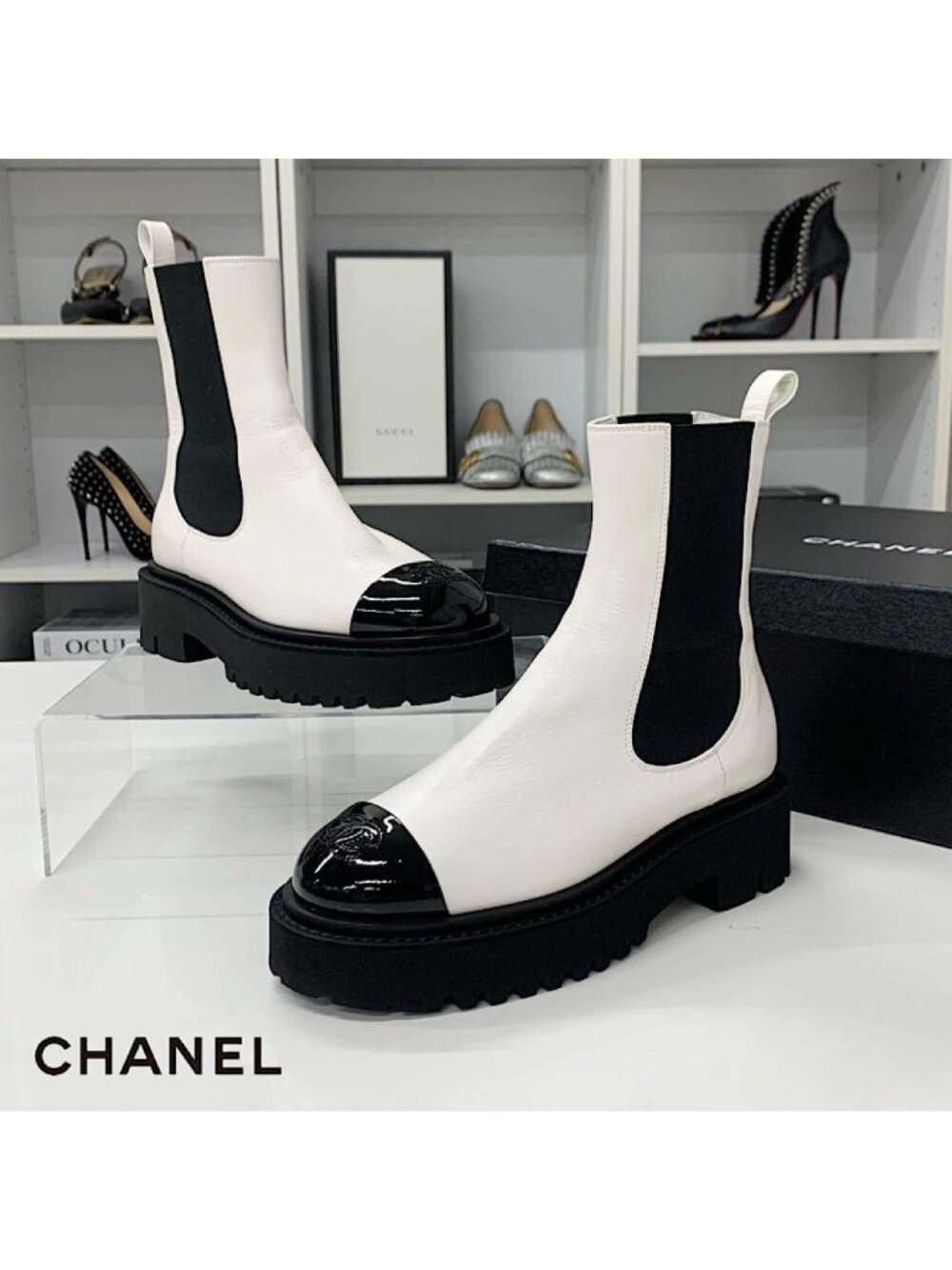 Chanel CC Logo Leather Patent Side Gore Short Boots White